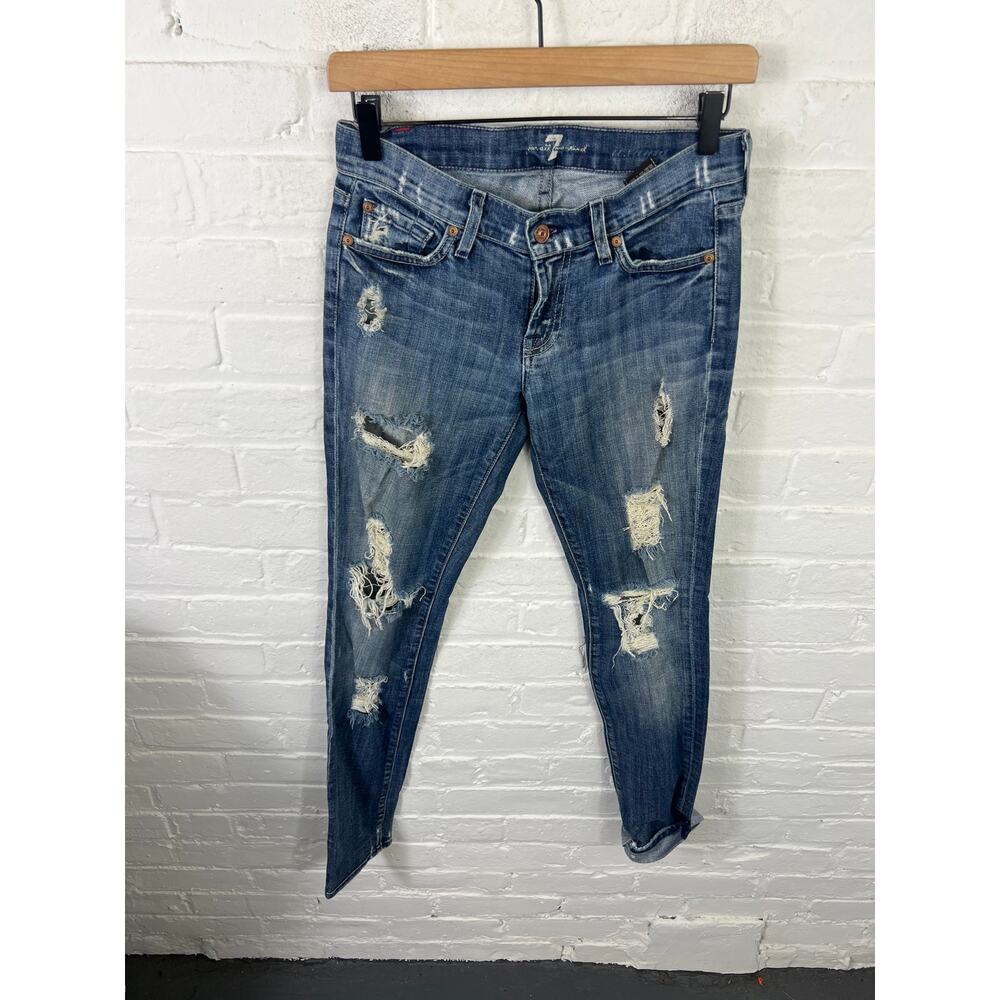 7 For All Mankind Women's Roll Up Skinny Distressed Denim Jeans Blue Size 24